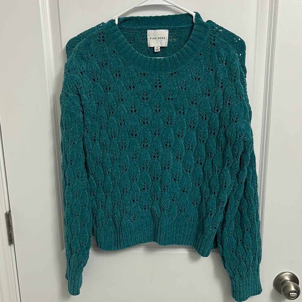 Pink Rose Aqua Crew Neck Sweater with Textured Knit
